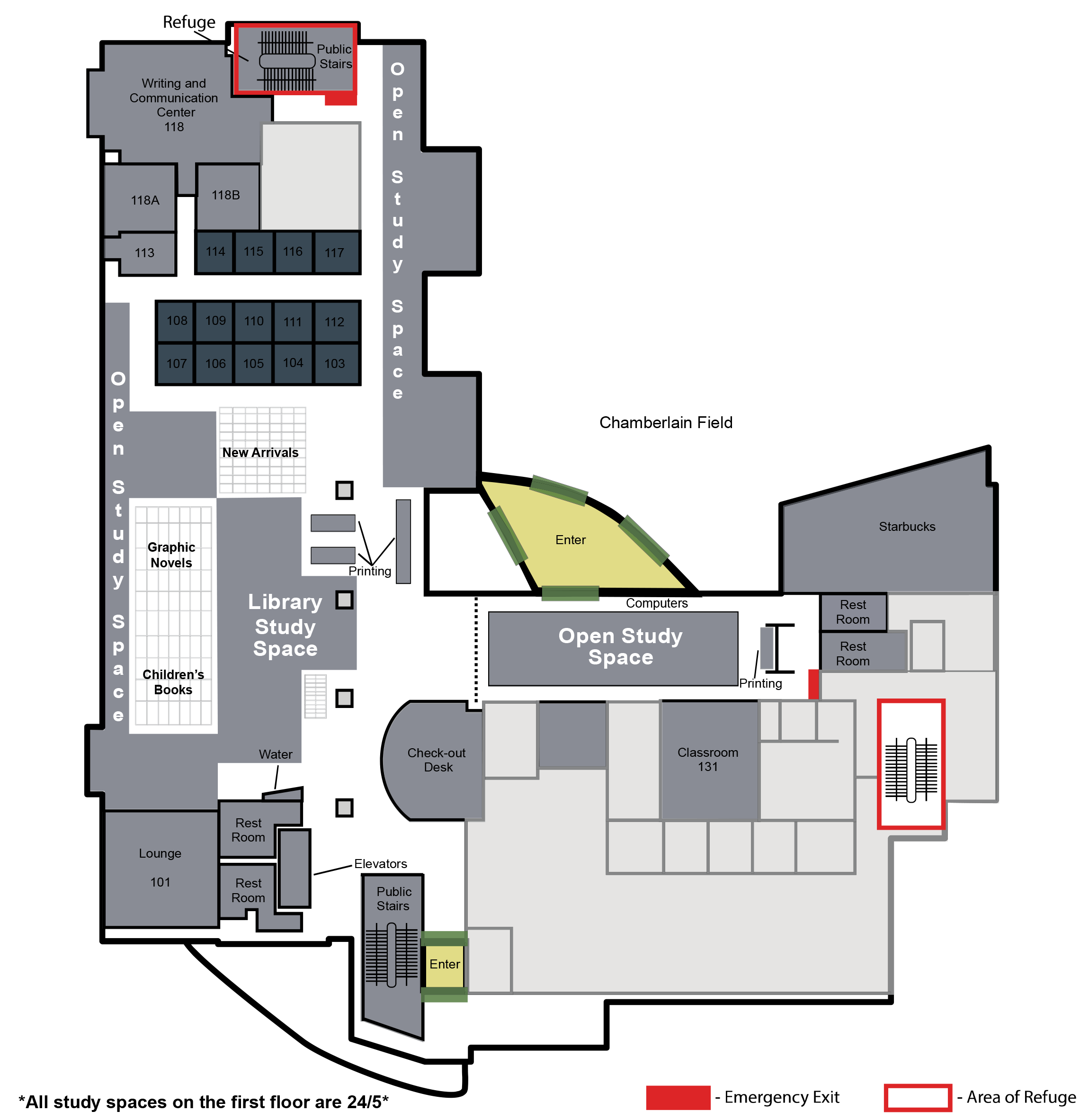 A map of the first floor of the library