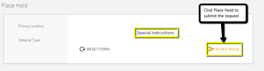 Screenshot of the "Special Instructions" field and the "Place Hold" button