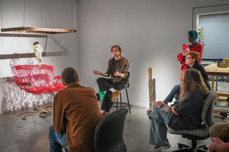 Sculpture critique A student talks about their work in a Sculpture course with Professor Shane Ward